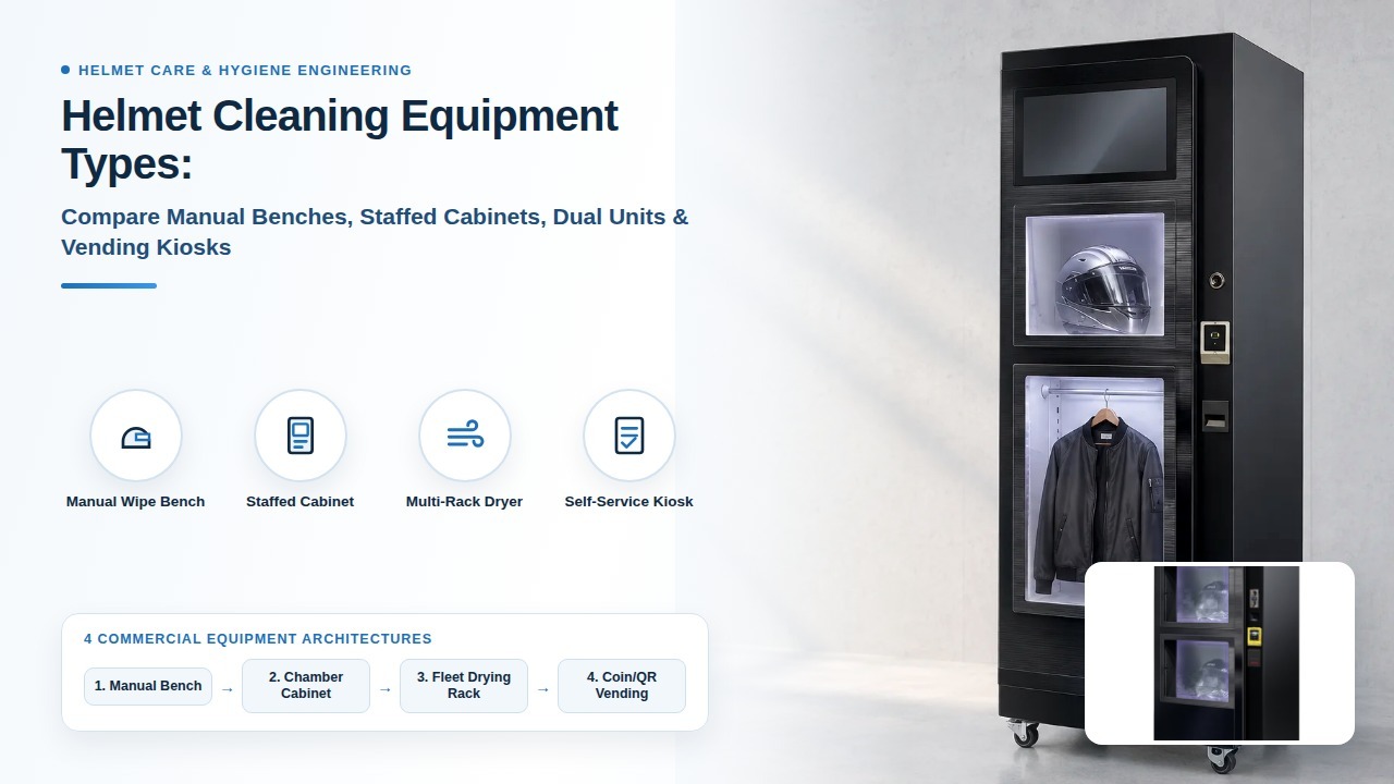Engineering comparison of four commercial helmet cleaning equipment architectures: manual wipe benches, staffed cabinets, multi-rack dryers, and self-service vending kiosks
