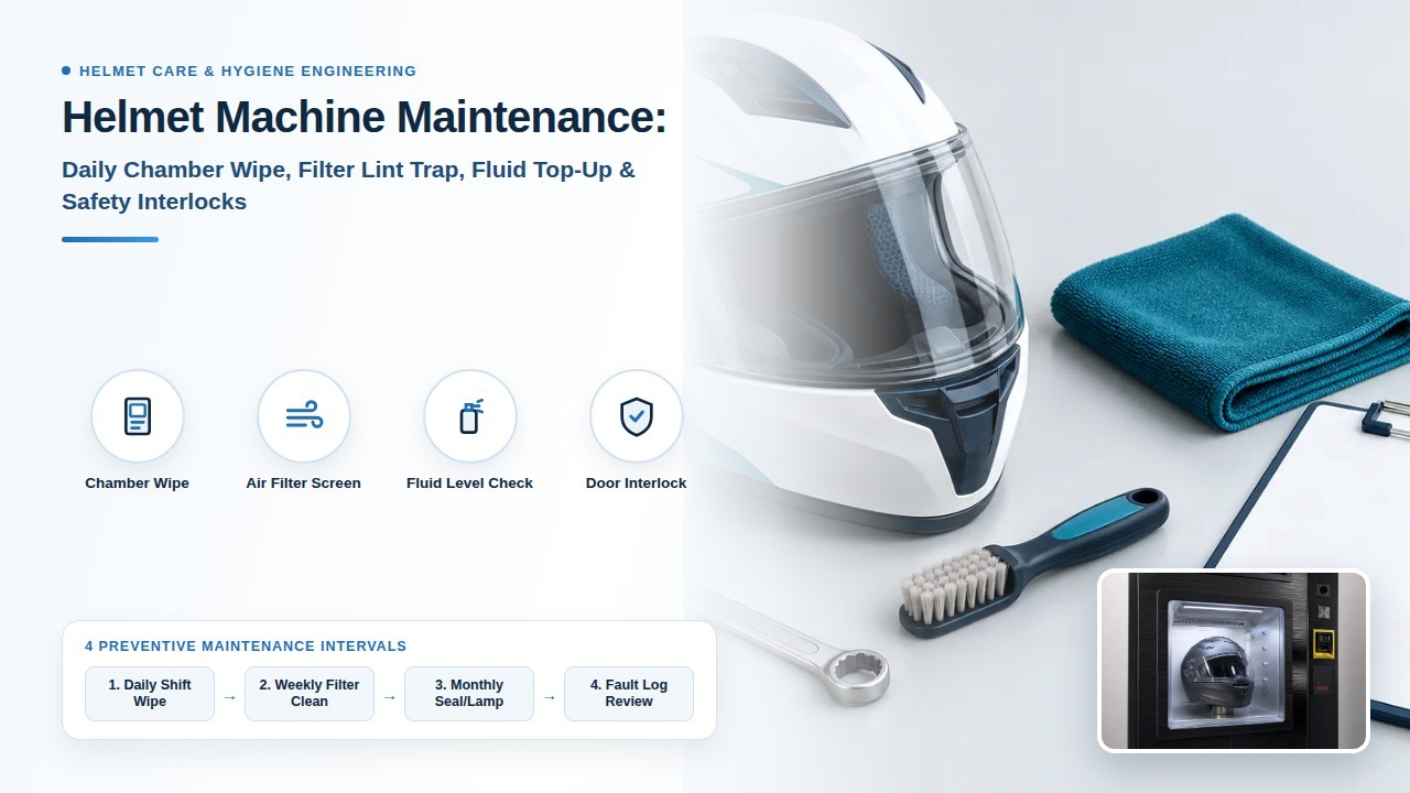 Engineering preventive maintenance checklist for commercial helmet cleaning machines covering daily chamber wipe, PTC intake lint screen, fluid reservoir top-up, and door safety interlocks