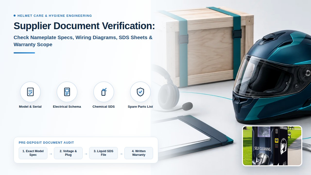 Illustration of a shipping crate, a helmet, a blank clipboard, a headset and a wrench arranged for a document check