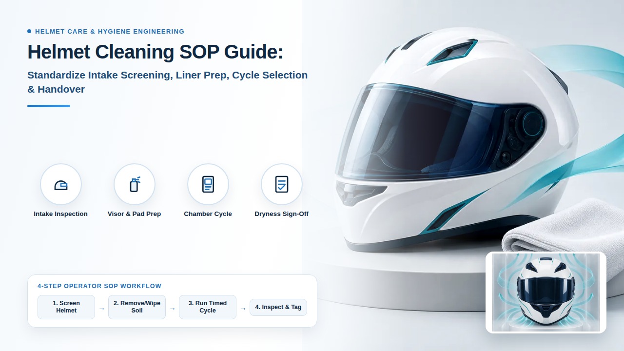 Engineering 5-stage helmet cleaning standard operating procedure infographic showing intake screening, visor and pad prep, dry-mist and UV-C chamber cycle, and ATP RLU release sign-off