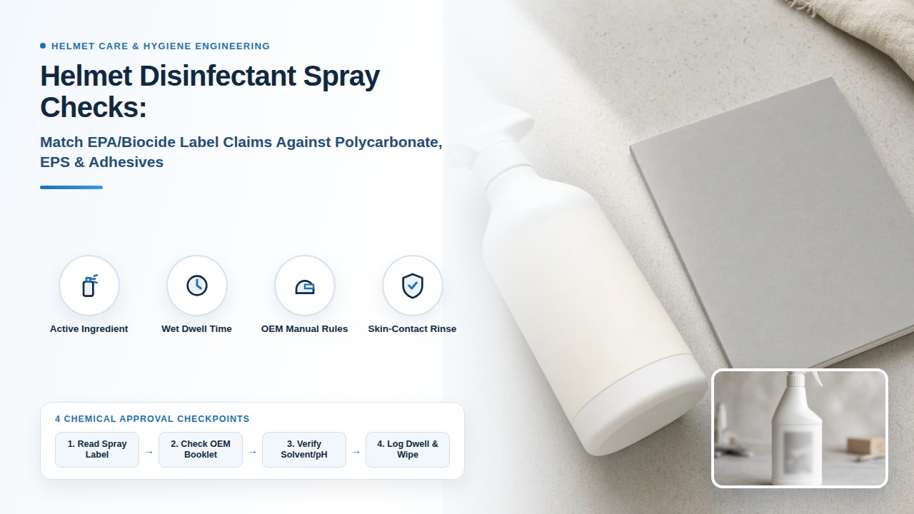 A spray container with a blank label lying beside a closed booklet on a workbench