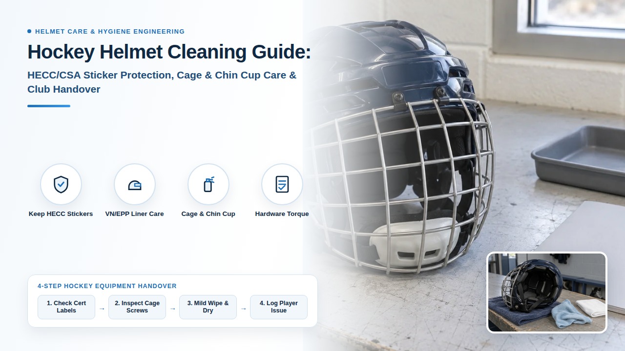 A navy hockey helmet with a silver wire cage beside a blank booklet and an empty gray tray